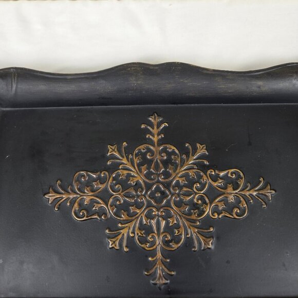 Southern Living at Home Black Metal Rectangular Tray Gold Stamped Top Scalloped - Picture 6 of 14
